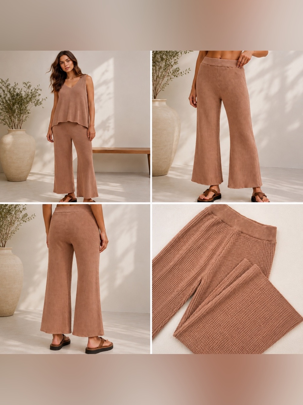 Free People Beach Hailee Waffle Knit Wide Leg Lounge Pants Tan XL